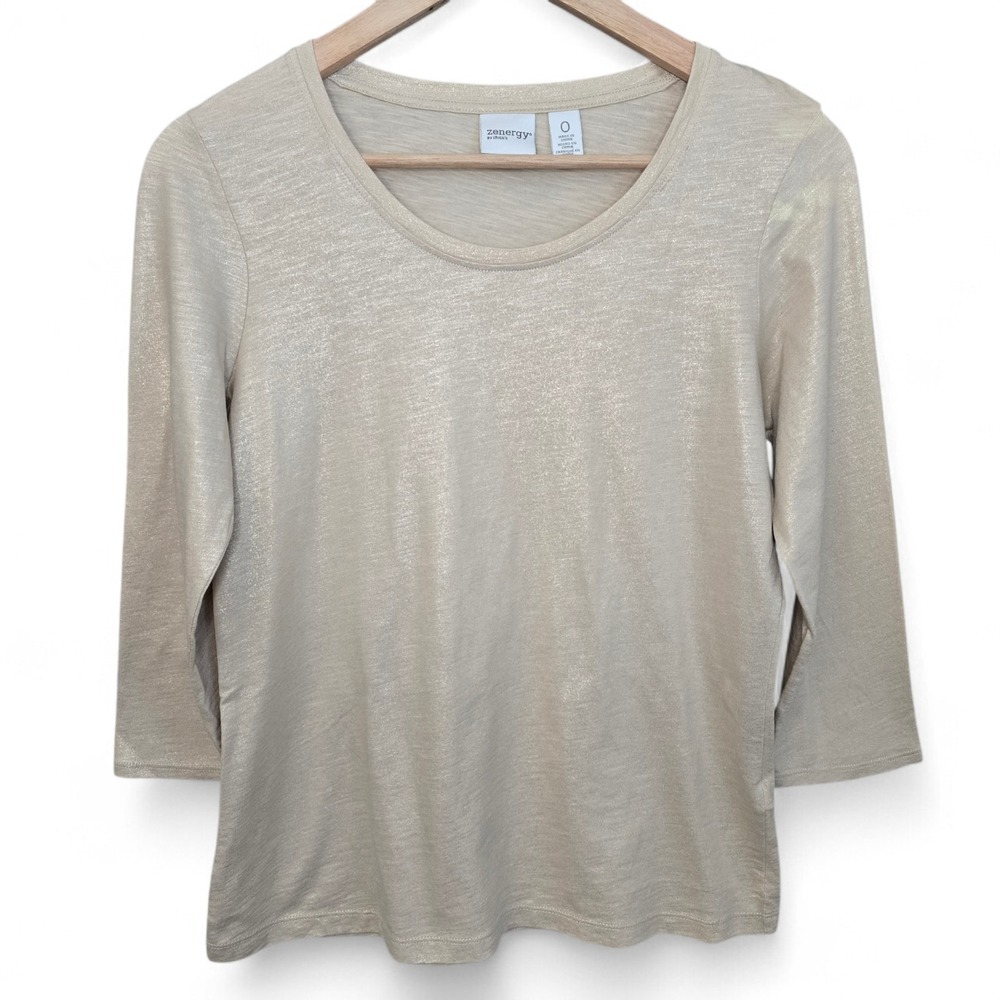 Chicos Zenergy Top Womens 0 US Small Gold Crew Neck 3/4 Sleeve Tee Casual Ladies